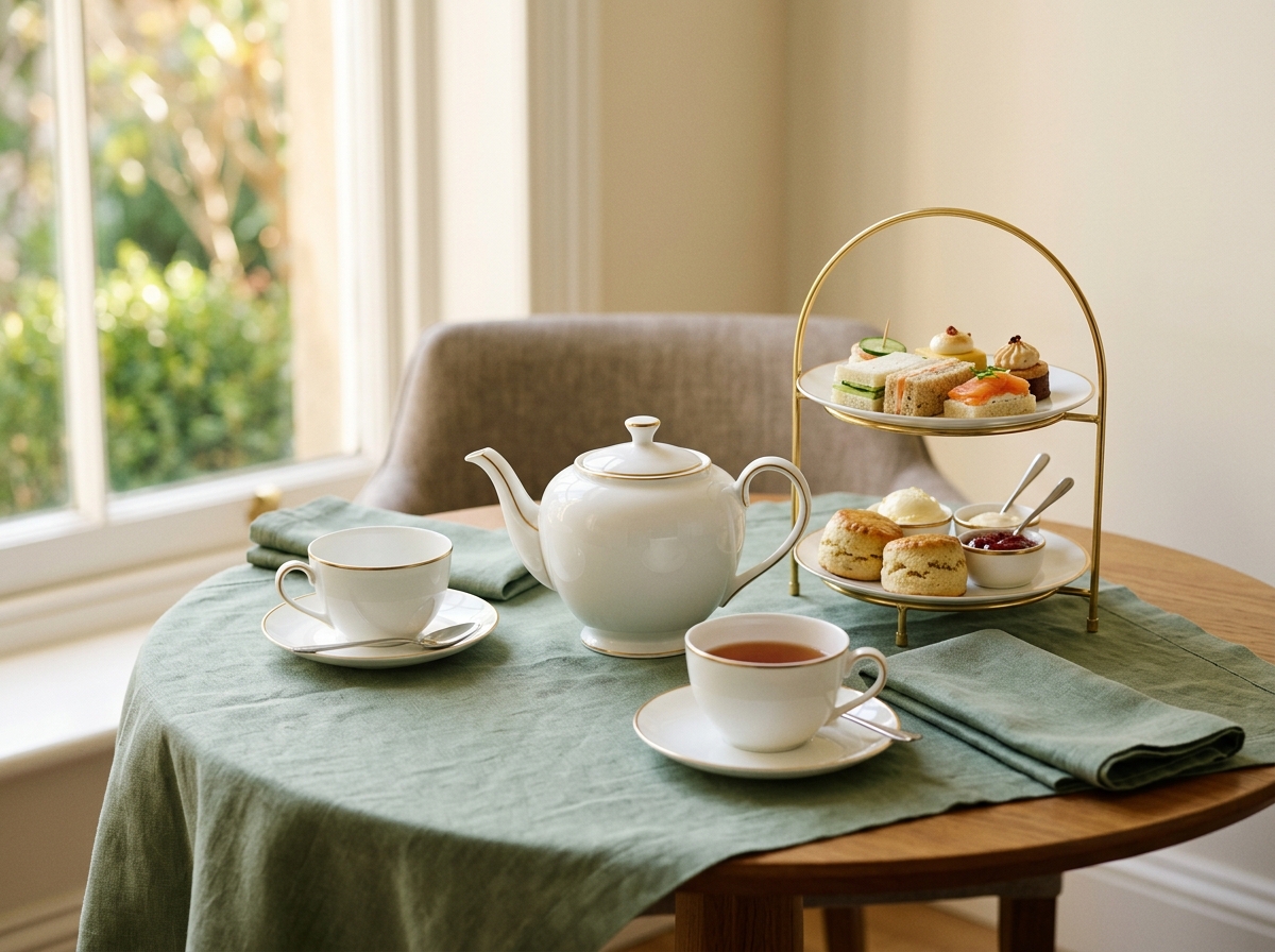 A calm styled tea table for two arranged on sage linen