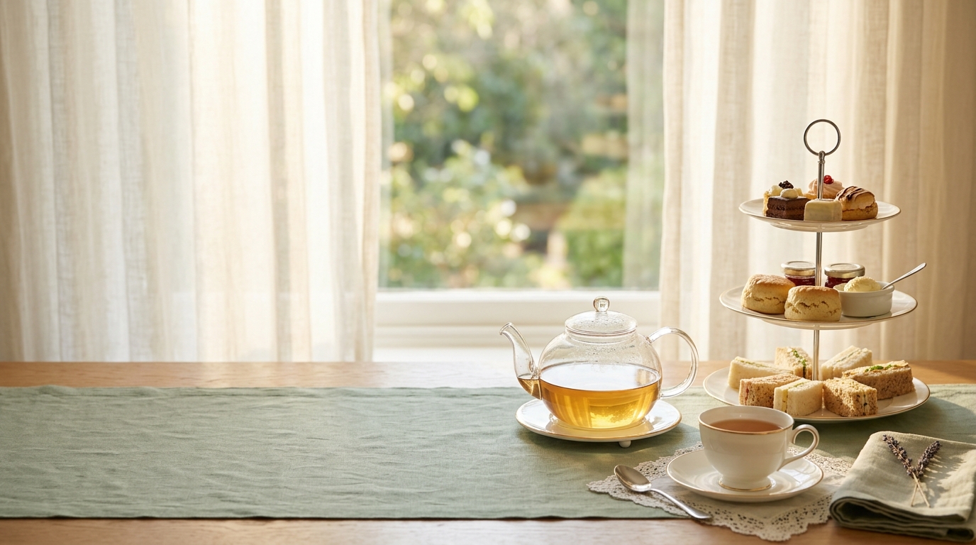 A styled afternoon tea table by a bright window with a glass teapot, a tiered stand and cups and saucers