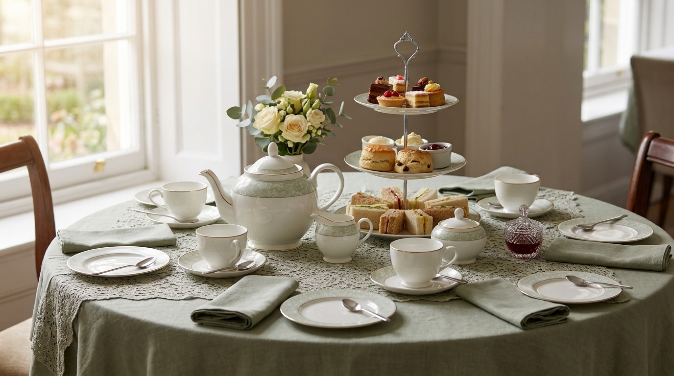 A hosting tea table set with a teapot, tiered stand and cups and saucers