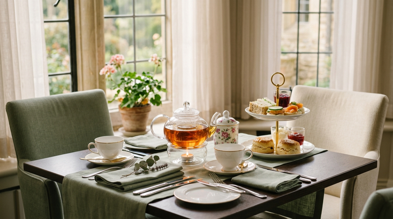 A window-side tea table set for two with a glass teapot, cups on saucers and a small tiered stand